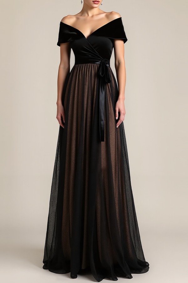 Evening Formal Dress Black A-Line Off the Shoulder Velvet Maxi Dress