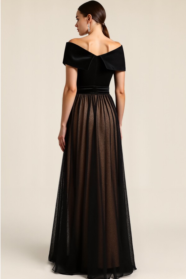 Evening Formal Dress Black A-Line Off the Shoulder Velvet Maxi Dress