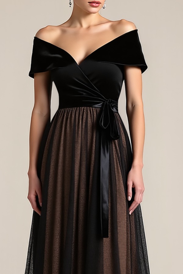 Evening Formal Dress Black A-Line Off the Shoulder Velvet Maxi Dress