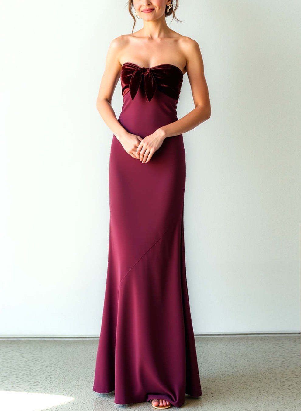 Burgundy Mermaid Strapless Long Formal Dress with Bow