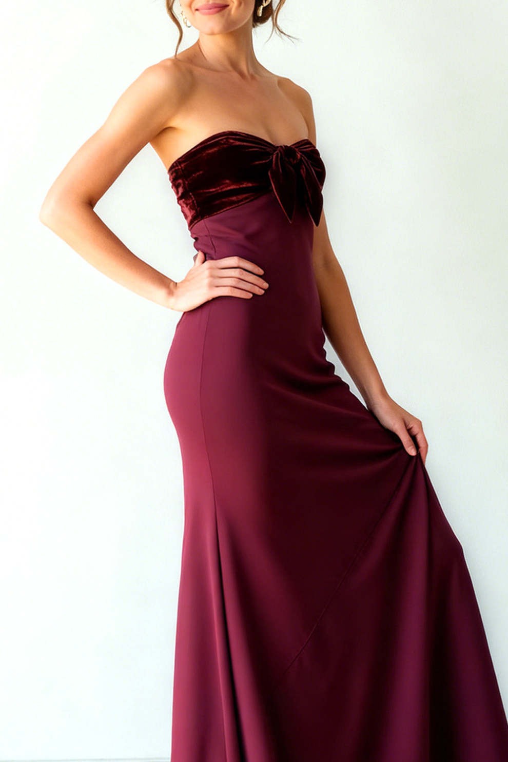 Burgundy Mermaid Strapless Long Formal Dress with Bow