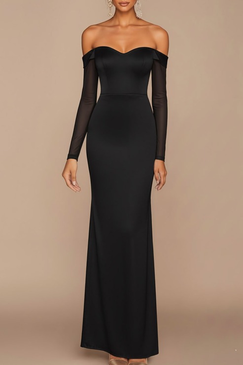 White Formal Dress Sheath Off the Shoulder Long Sleeve Maxi Dress with Slit