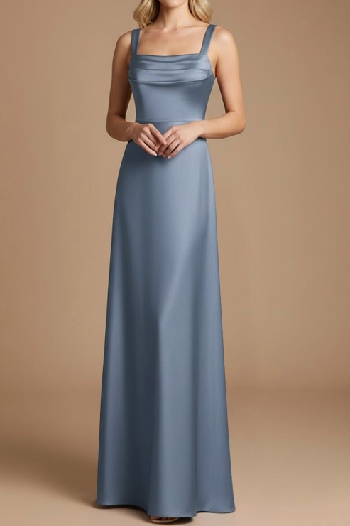 Formal Wedding Guest Dress Dusty Blue Wide Straps Satin Maxi Dress