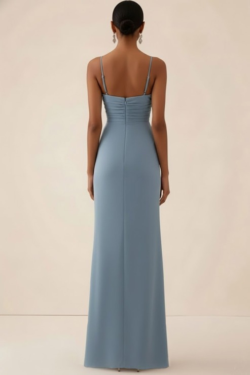 Dusty Blue Formal ​Wedding Bridesmaid Dress Spaghetti Straps Slit Maxi Dress