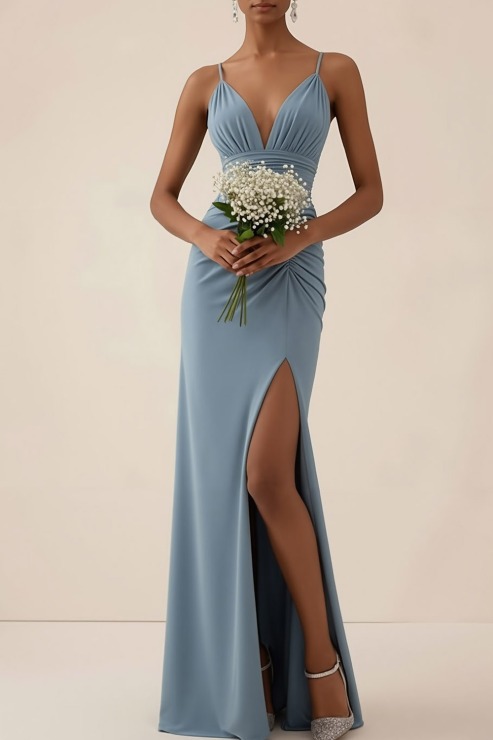 Dusty Blue Formal ​Wedding Bridesmaid Dress Spaghetti Straps Slit Maxi Dress