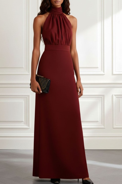 Burgundy Formal ​Wedding Bridesmaid Dress Halter Ruched Maxi Dress