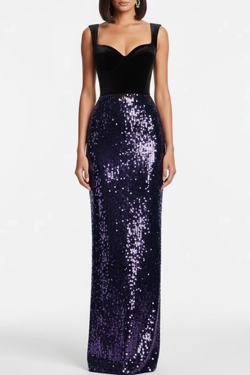 Navy Formal Party Dress Sheath Wide Straps Sequin Maxi Dress
