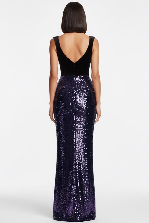 Navy Formal Party Dress Sheath Wide Straps Sequin Maxi Dress