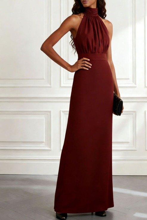 Burgundy Formal ​Wedding Bridesmaid Dress Halter Ruched Maxi Dress