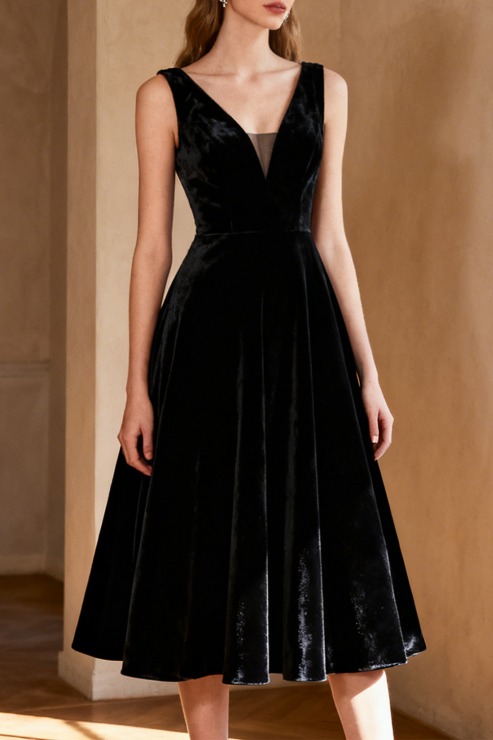 Black Evening Formal Dress A-Line V-Neck Velvet Midi Dress