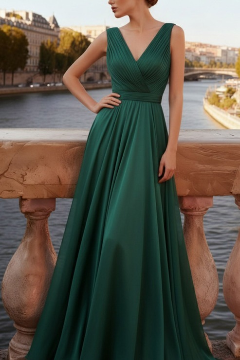 Emerald Green Formal Party Dress A-Line V-Neck Chiffon Maxi Dress
