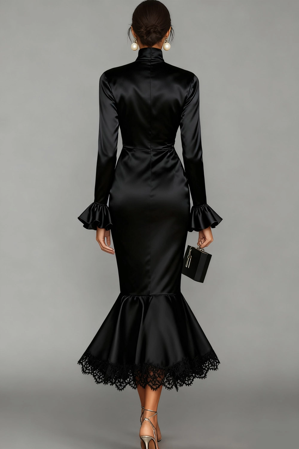Black Formal Evening Dress Mermaid High Neck Satin Midi Dress