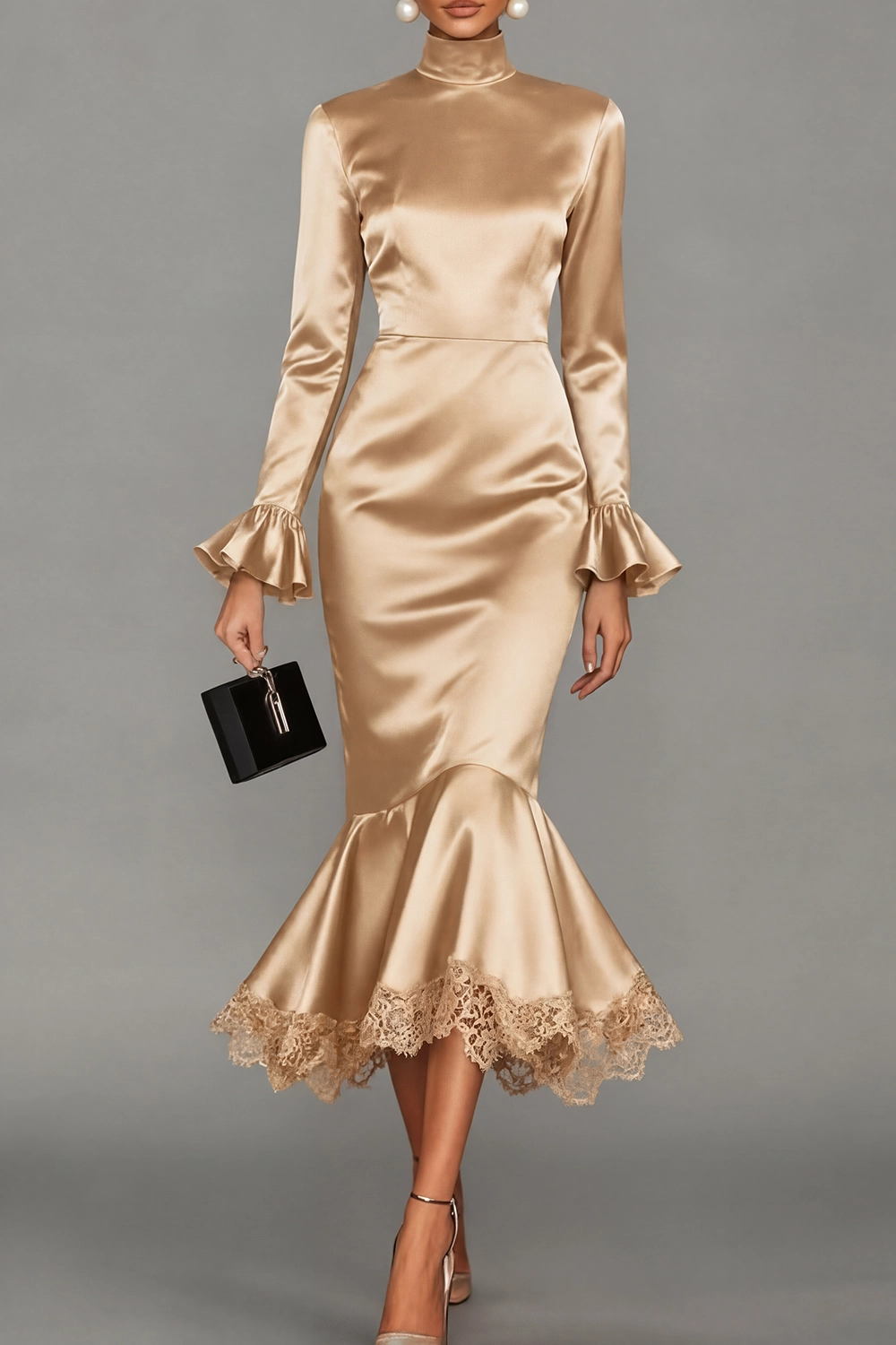 Black Formal Evening Dress Mermaid High Neck Satin Midi Dress