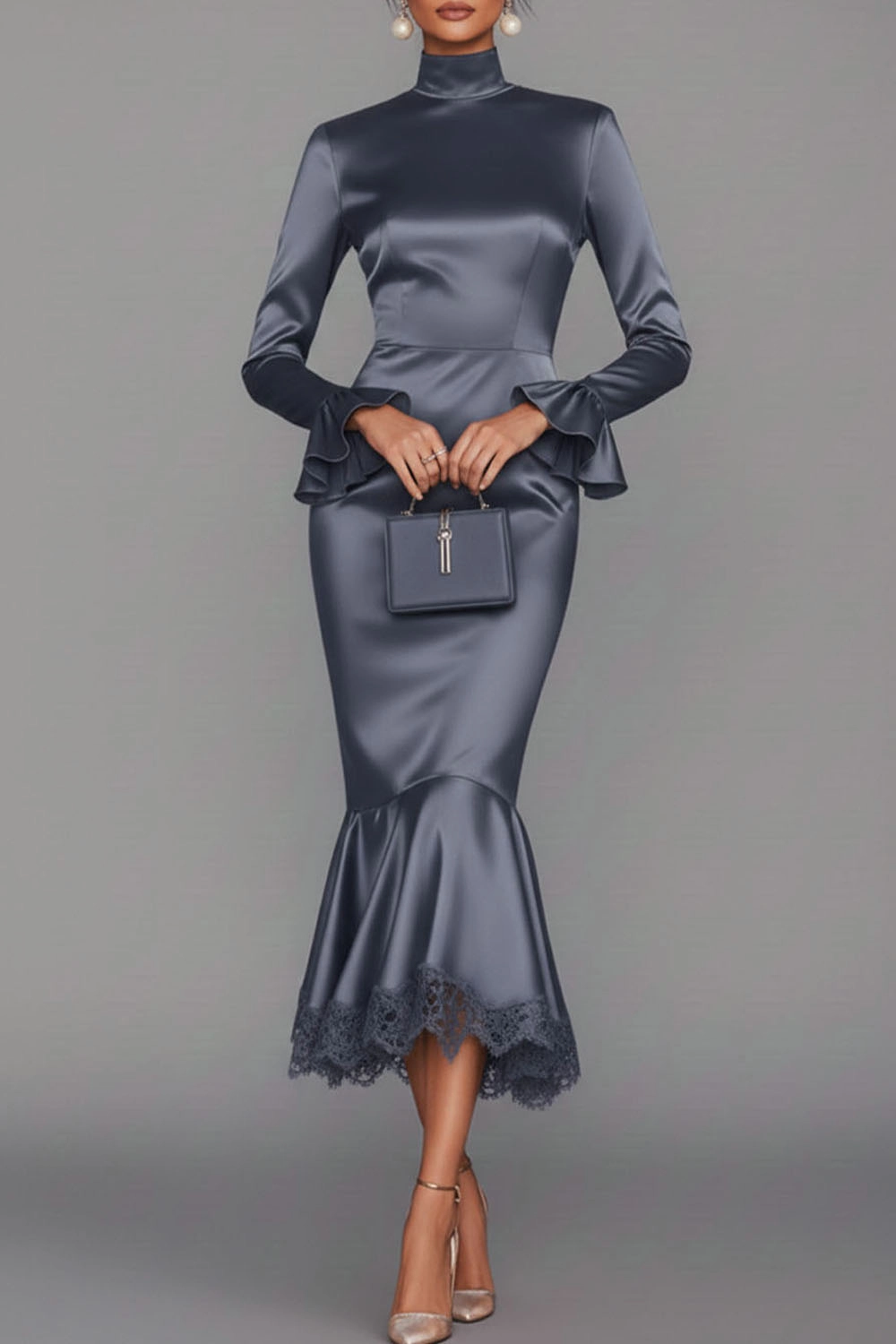 Black Formal Evening Dress Mermaid High Neck Satin Midi Dress