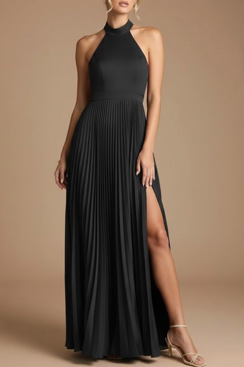 Black Formal Evening Dress Halter Pleated Maxi Dress with Slit