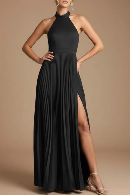 Black Formal Evening Dress Halter Pleated Maxi Dress with Slit