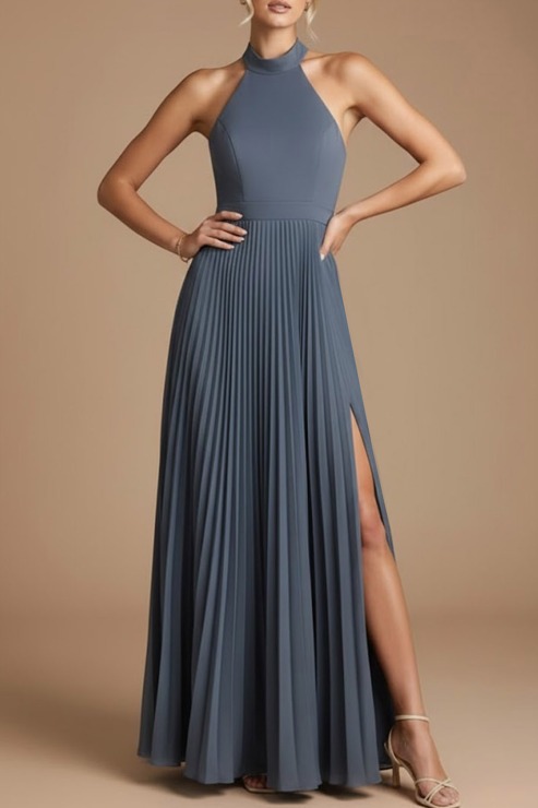 Black Formal Evening Dress Halter Pleated Maxi Dress with Slit