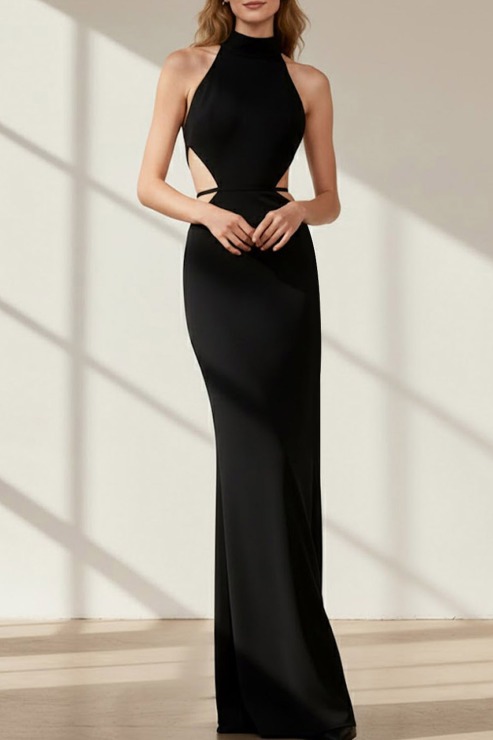 Black Evening Formal Dress Sheath Halter Cut Out Maxi Dress