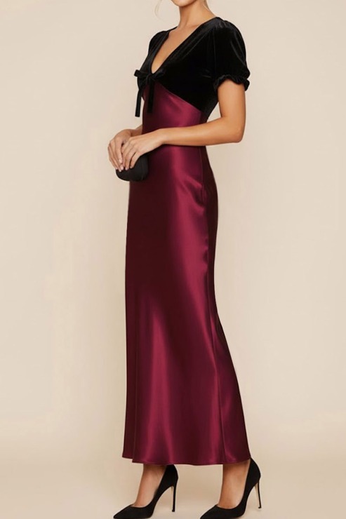 Burgundy Formal Dress Sheath V-Neck Short Sleeve Satin Maxi Dress