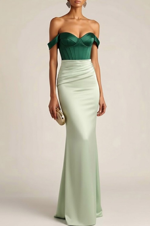 Green Evening Formal Dress Off the Shoulder Corset Satin Maxi Dress