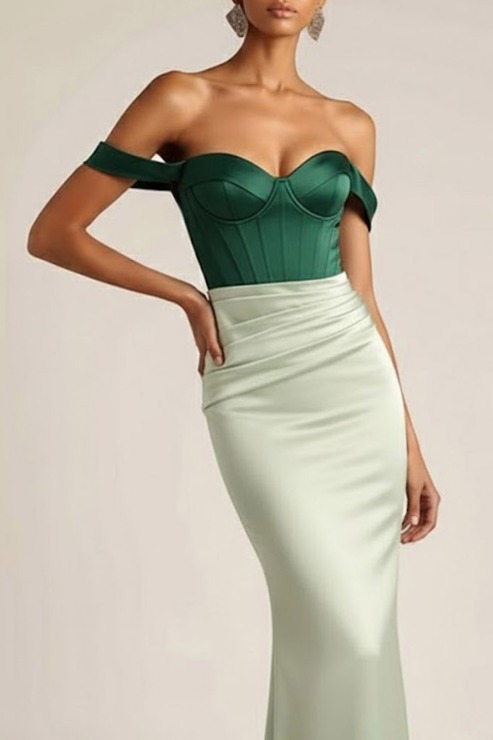 Green Evening Formal Dress Off the Shoulder Corset Satin Maxi Dress