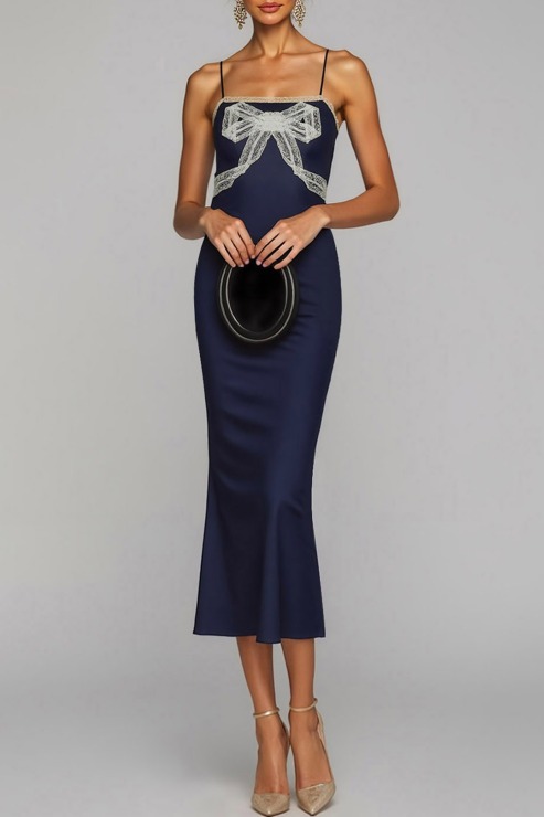 Navy Evening Formal Dress Spaghetti Straps Satin Midi Dress