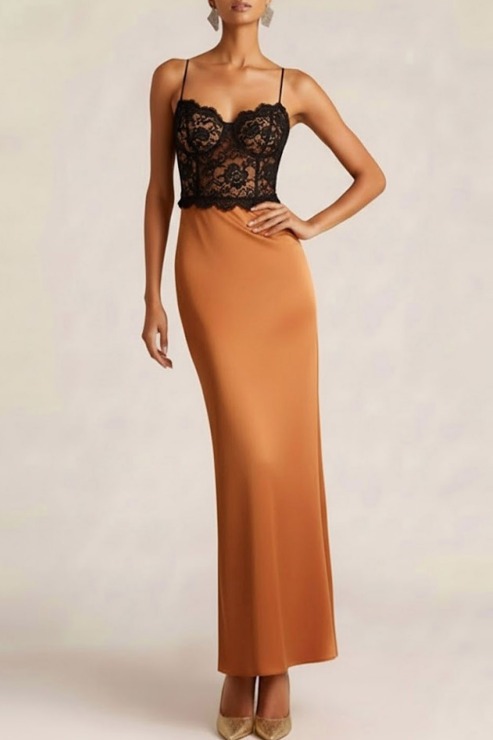 Bronze Formal Dress Sheath Spaghetti Straps Satin Maxi Dress