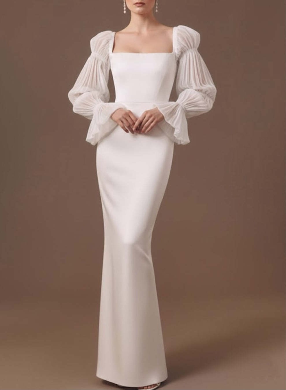 White Satin Square Neck Long Formal Dress with Sleeves