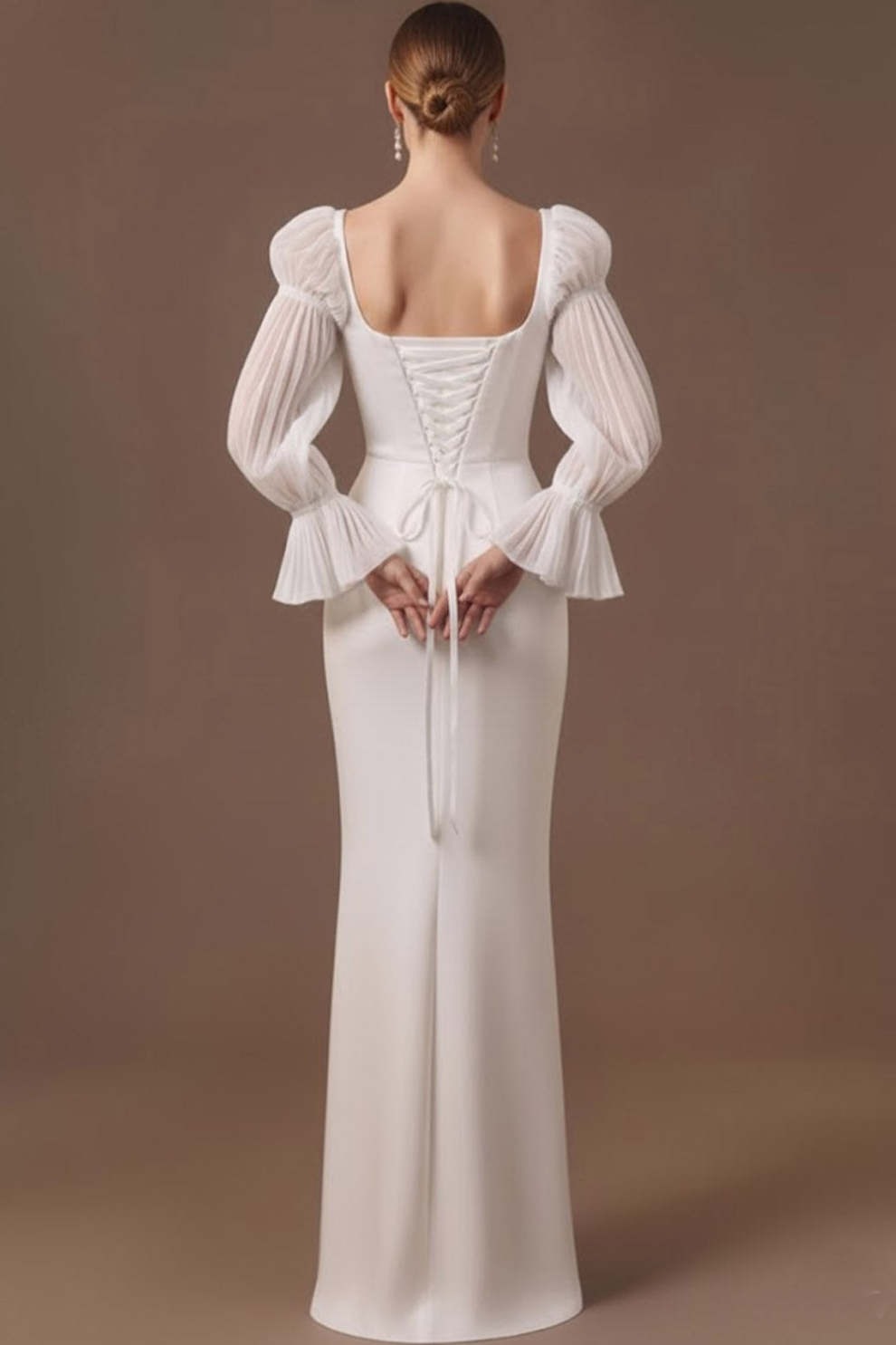 White Satin Square Neck Long Formal Dress with Sleeves