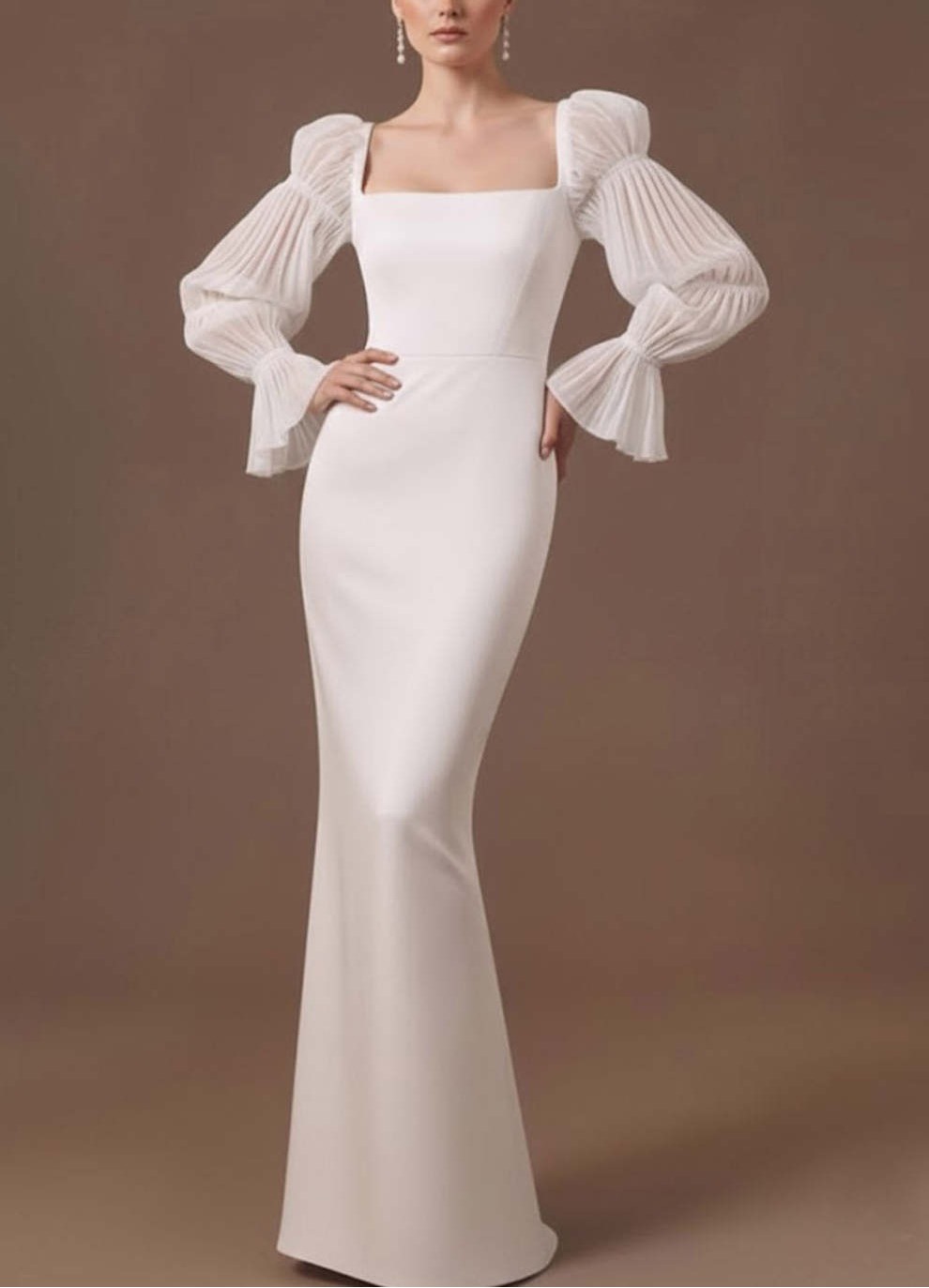 White Satin Square Neck Long Formal Dress with Sleeves