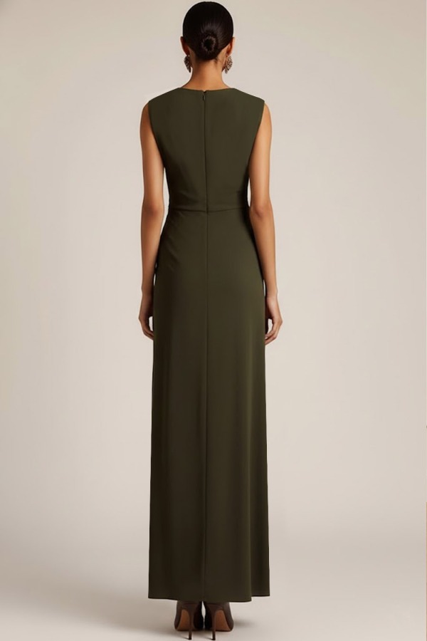 Olive Formal Evening Dress Sheath Round Neck Ruched Maxi Dress