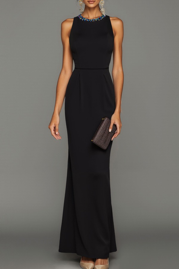 Black Formal Dress Sheath Rhinestone Round Neck Chiffon Maxi Dress