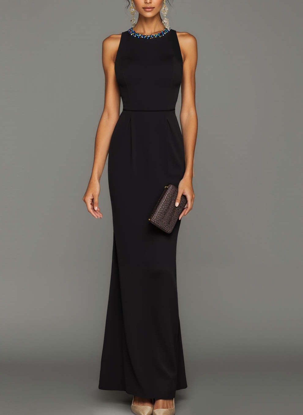 Sparkly Black Crew Neck Mermaid Backless Long Formal Dress with Beading