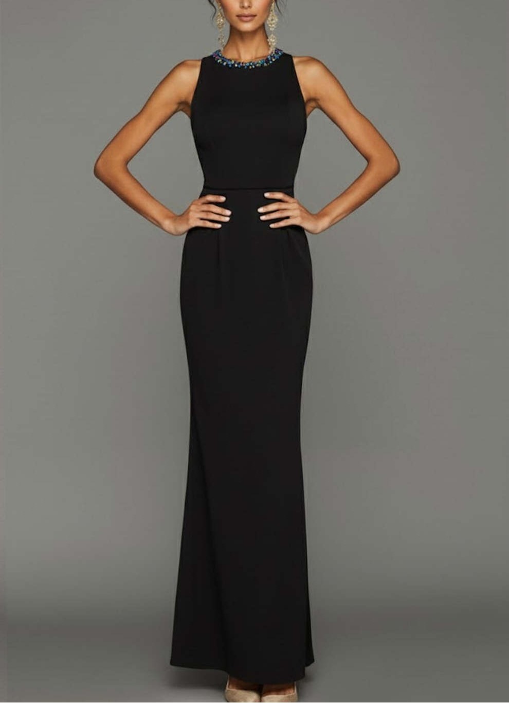 Sparkly Black Crew Neck Mermaid Backless Long Formal Dress with Beading