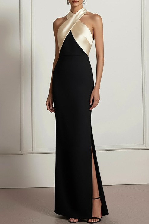 Champagne Evening Formal Dress Sheath Halter Maxi Dress with Slit