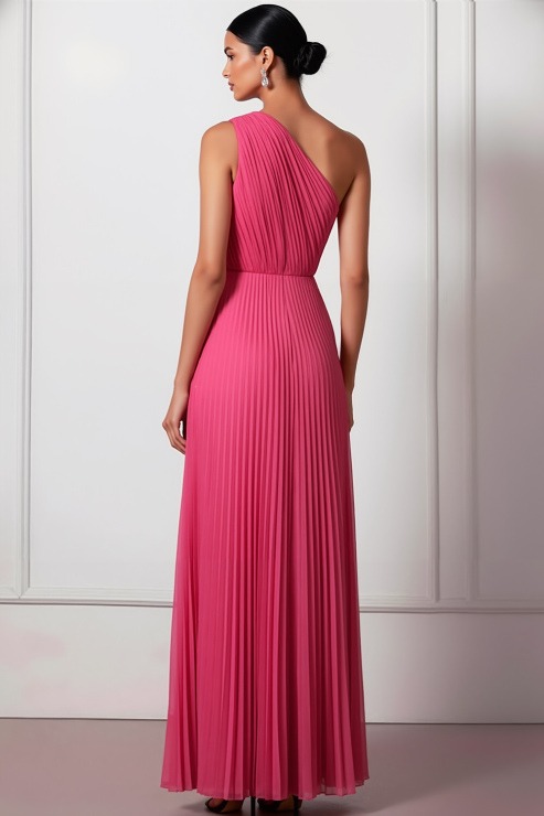 Blush Formal Party Dress One Shoulder Pleated Maxi Dress with Slit