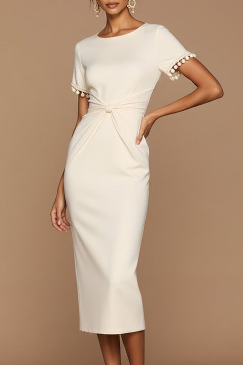 White Formal Evening Dress Sheath Round Neck Short Sleeve Midi Dress