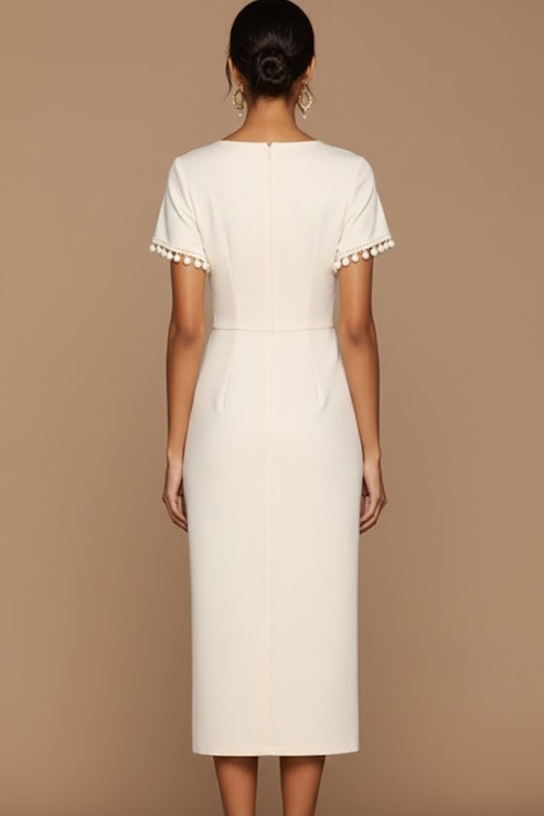White Formal Evening Dress Sheath Round Neck Short Sleeve Midi Dress