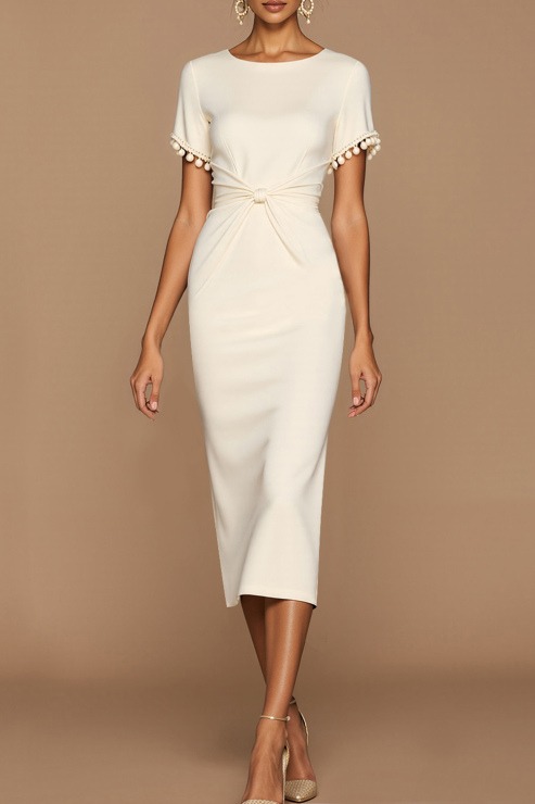 White Formal Evening Dress Sheath Round Neck Short Sleeve Midi Dress