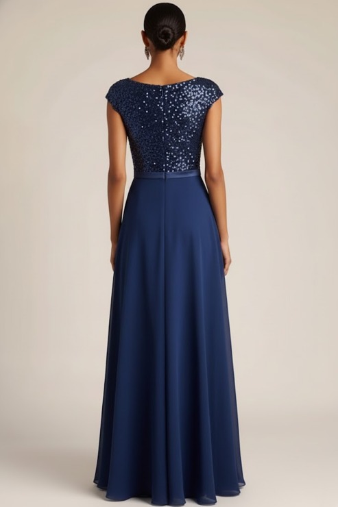 Navy Formal Dress A-Line Square Neck Sequin Maxi Dress