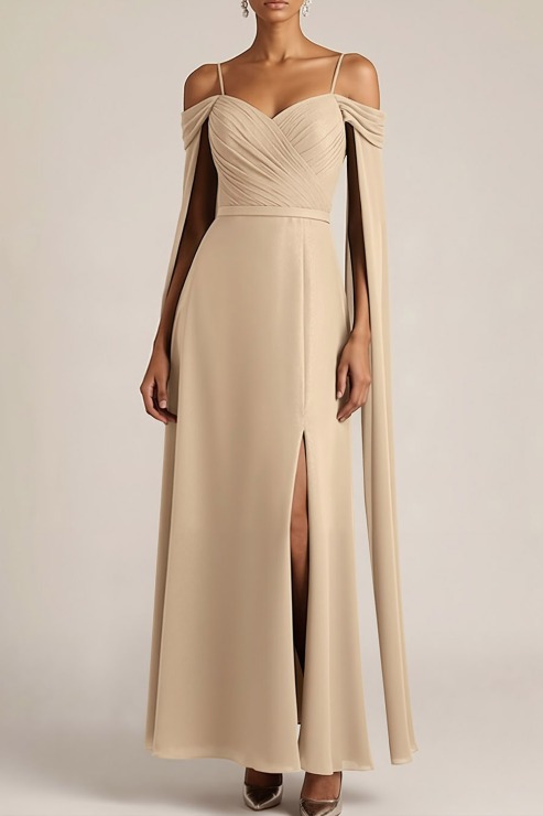 Champagne Formal Evening Dress Cold Shoulder Cape Chiffon Maxi Dress