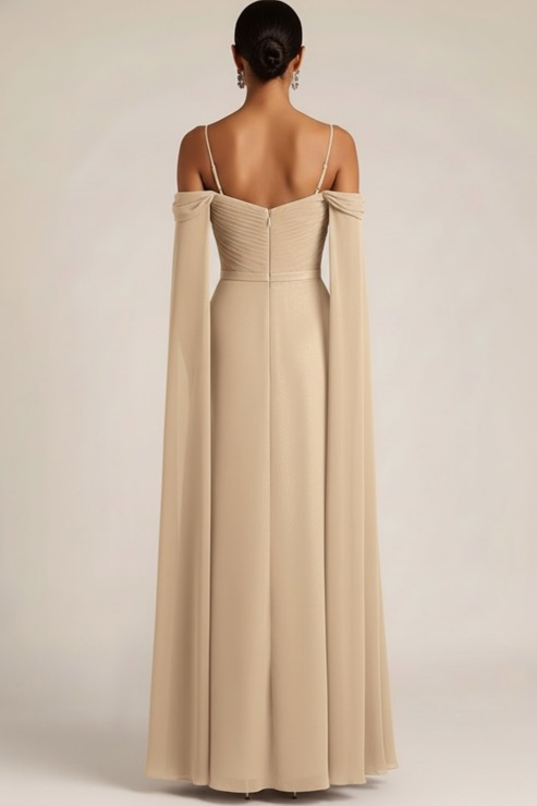 Champagne Formal Evening Dress Cold Shoulder Cape Chiffon Maxi Dress