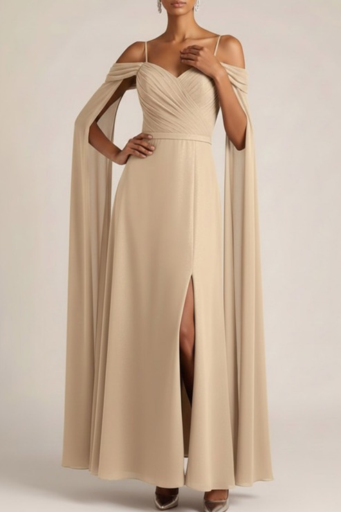 Champagne Formal Evening Dress Cold Shoulder Cape Chiffon Maxi Dress