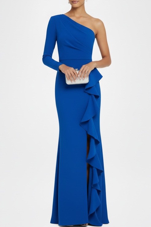 Royal Blue Formal Dress One Shoulder Chiffon Maxi Dress with Ruffle