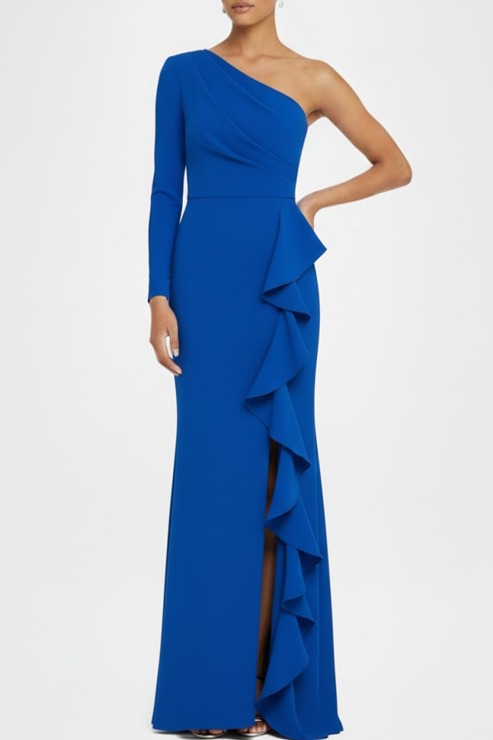 Royal Blue Formal Dress One Shoulder Chiffon Maxi Dress with Ruffle