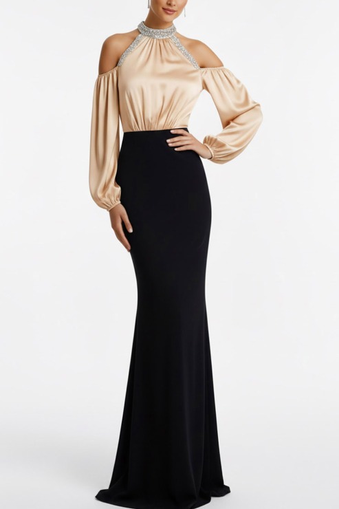 Champagne Formal Evening Dress Mermaid Cold Shoulder Satin Maxi Dress