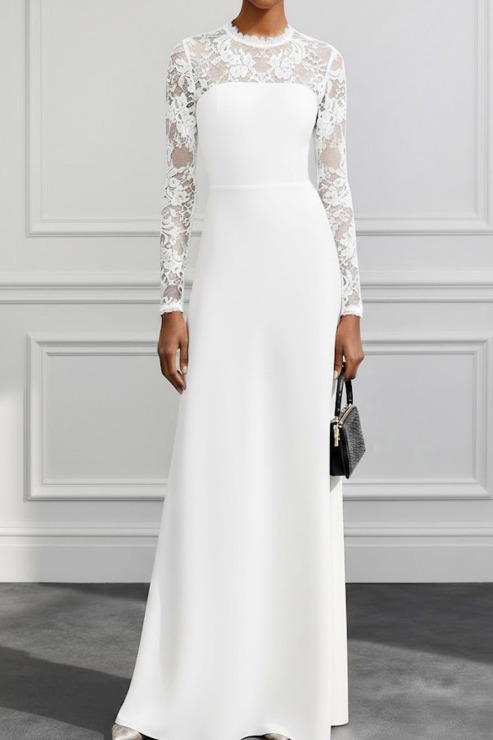 White Formal Dress Sheath Long Sleeve Chiffon Maxi Dress with Lace