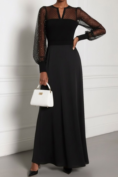 Black Formal Party Dress A-Line Illusion Neck Chiffon Maxi Dress