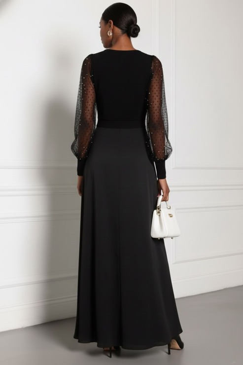 Black Formal Party Dress A-Line Illusion Neck Chiffon Maxi Dress