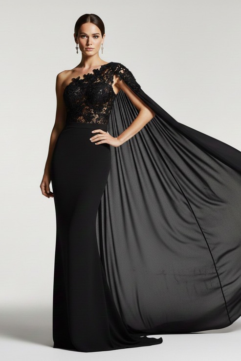 Black Formal Evening Dress One Shoulder Chiffon Maxi Dress with Cape